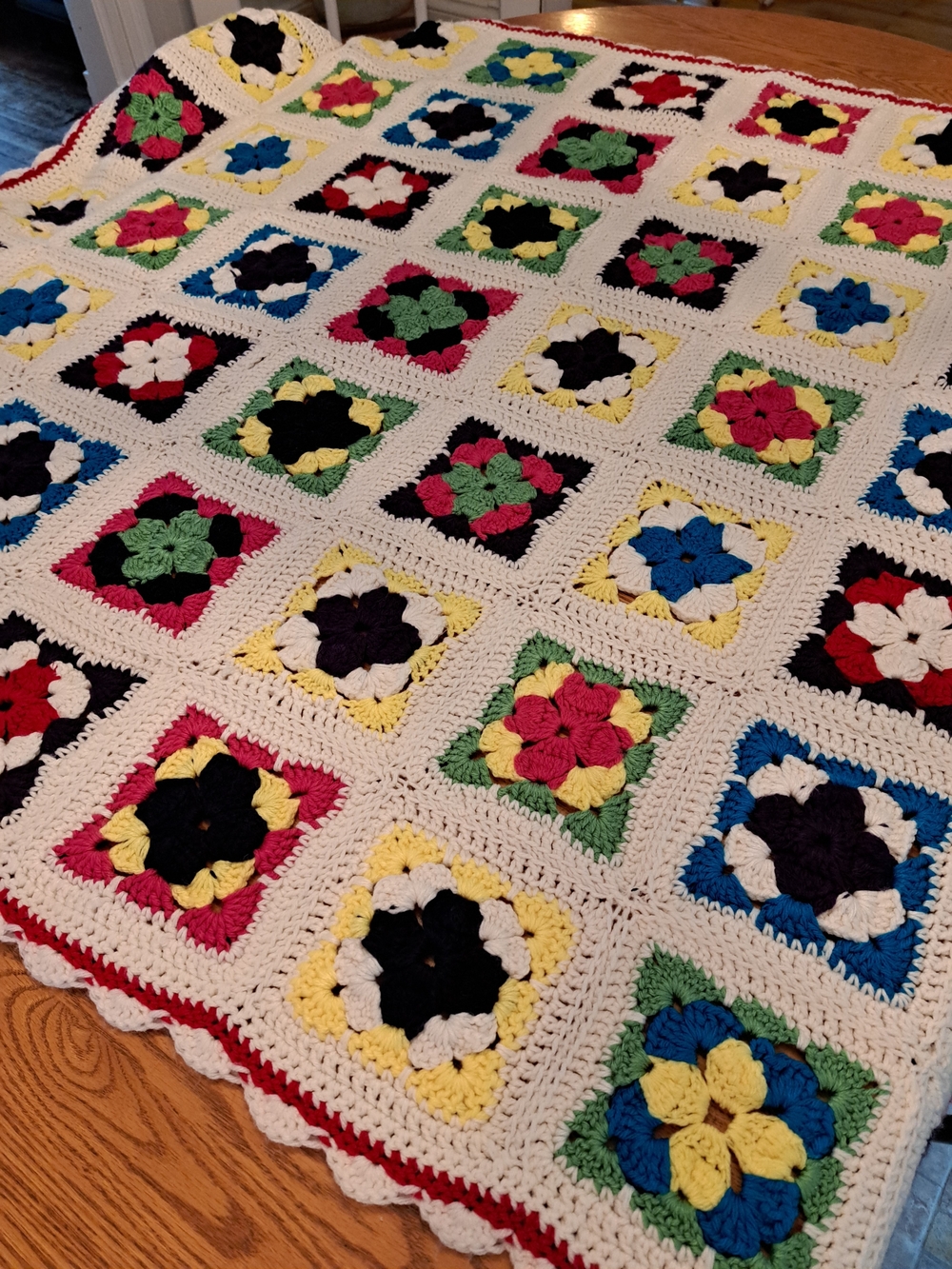 Vintage Multicolor Granny Square Crochet Throw - White Background 54 X 49 Inches